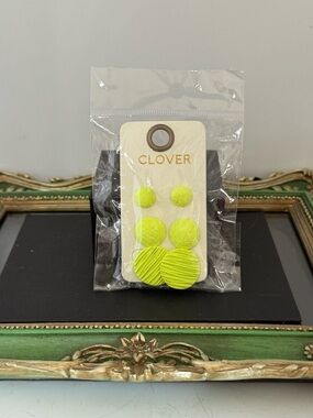 Clover Neon Yellow Textured Button Earring Trio